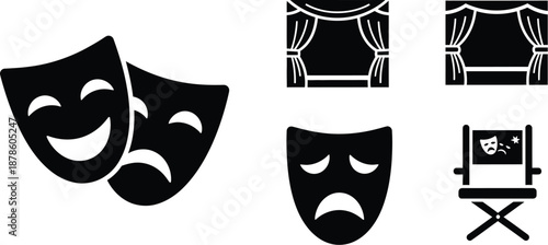 Comedy and tragedy masks universal symbol. Theatre comedy masks spotlight stage icon set. 