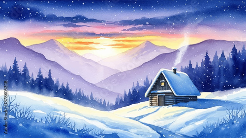 Peaceful watercolor winter cabin nestled in snow-covered mountains at sunset