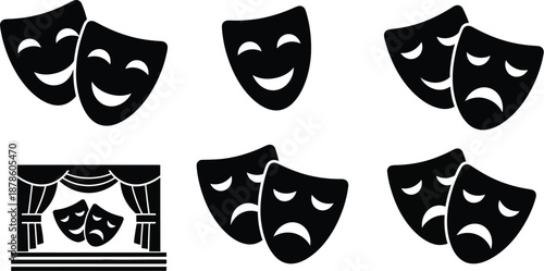 Comedy and tragedy masks universal symbol. Theatre comedy masks spotlight stage icon set. 