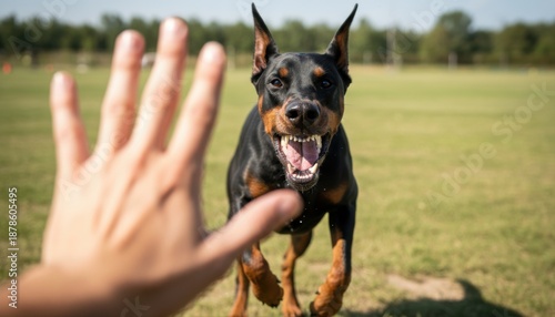 A black and tan Doberman dog aggressively charges forward, snarling with bared teeth, while a person's outstretched hand attempts to halt its advance in an open grassy field.