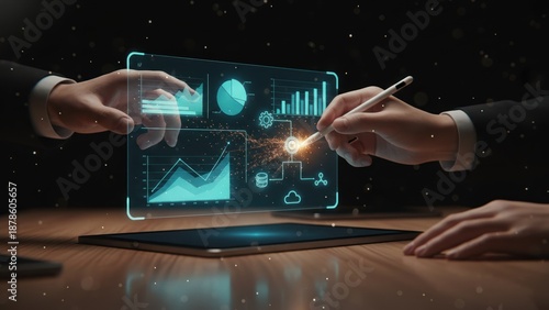 Two hands using a holographic dashboard with charts and workflow links showing analytics and key performance indicator planning