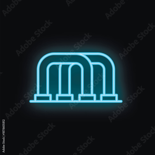 Blue neon icon of a turnstile entrance glowing on a black background
