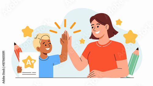 mother giving a high-five to her son for getting a good grade vector illustration