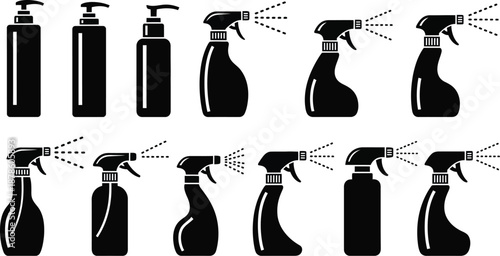 Spray and pump bottles for cleaning products, hair products, or general use vector illustration silhouette. 