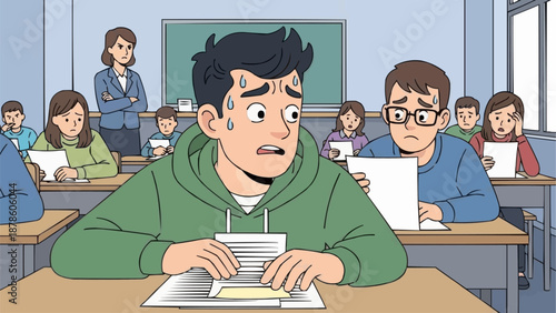 Student feeling stressed and anxious during a difficult exam in a classroom setting.