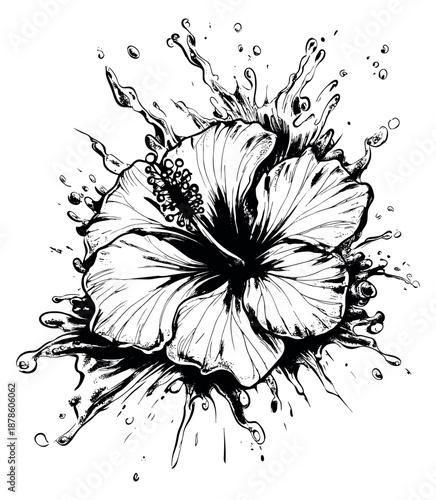 Hand drawn line art illustration of a hibiscus flower depicting a dynamic water splash for tropical designs and summer themes
