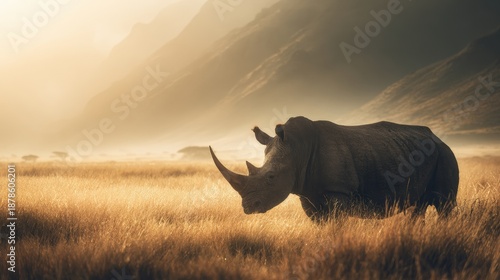 Wallpaper Mural Majestic Rhino Standing in Tall Grass During Golden Hour Light Torontodigital.ca