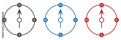 Three identical compass icons in black, blue, and red showing cardinal directions