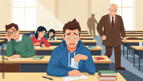 Student feeling stressed during an exam in a classroom setting.