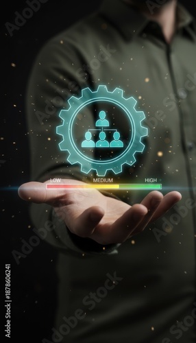 An open palm holding a holographic team meter showing hr metrics and key performance indicator levels