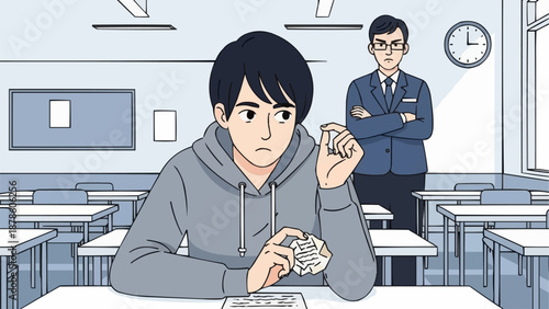 Student looking worried during a test with teacher watching.