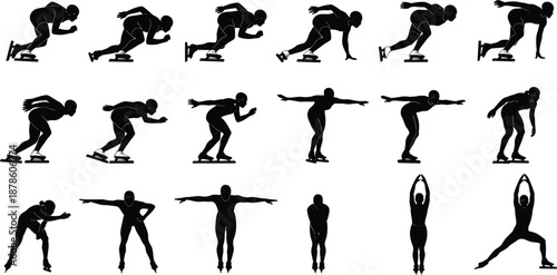 Black silhouette illustration of ice skaters in speed skating and figure skating poses, showcasing winter sports, movement, balance, and artistic performance