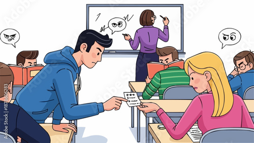 Student passing a note to classmate during lesson in classroom.