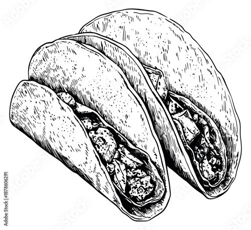 Hand drawn line art food set featuring two tacos with savory fillings for restaurant menus