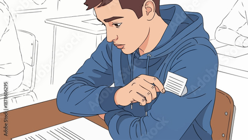 Student secretly cheating on exam by using notes hidden in sleeve.