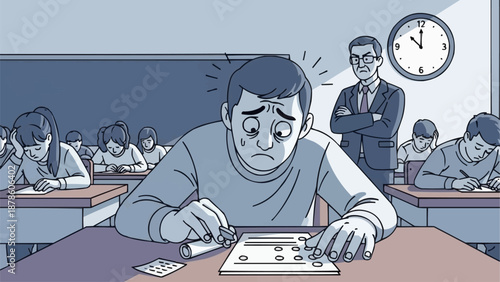 Student stressed during exam with teacher watching closely.