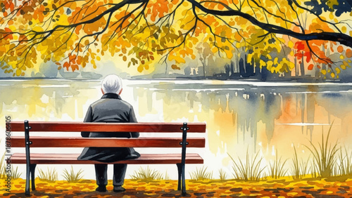Elderly Man Sitting on Park Bench Observing Autumn Lake Reflections in Watercolor Art