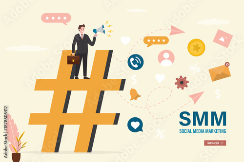 Social media marketing, online digital advertising campaign. SMM, Giant hashtag for followers. Businessman or marketer advertising announce, promotion on hashtag sign