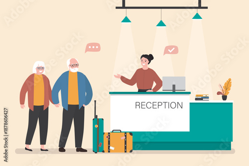 Hotel reception. Happy caucasian woman receptionist talking guests in hotel foyer. Aged people with luggage in Inn lobby. Tourism, hospitality, business concept. Staff at work