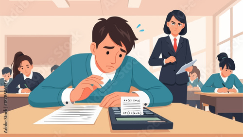 Student struggling with exam questions and calculator in classroom setting.