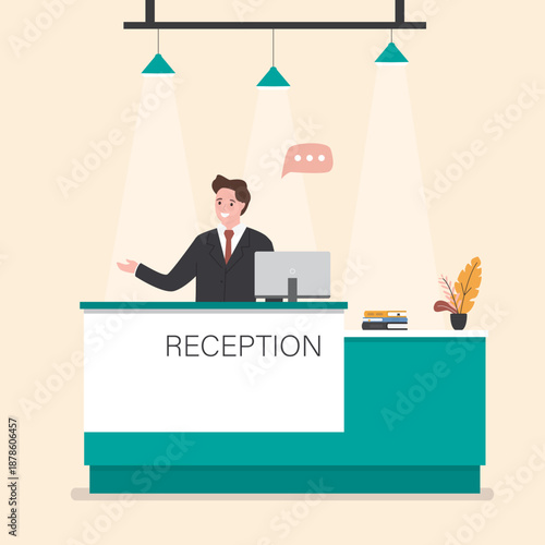 Hotel reception with computer and flower vase on desk. Happy caucasian man receptionist in modern Inn foyer, hall or lobby. Tourism, hospitality, business concept.