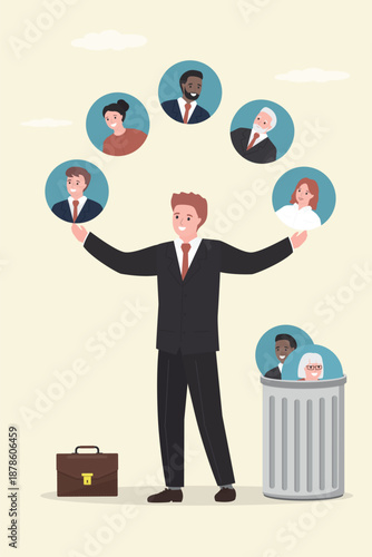 Businessman or hr manager juggling various business people avatars. Hiring and firing staff. Promotions and demotions. Confident boss changes the company hierarchy.