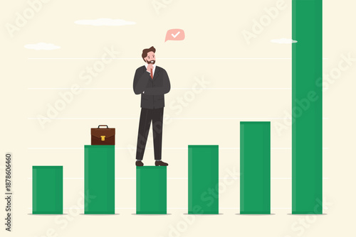 Smart businessman look at graph with upward growing improvement chart. Business growth graph, increase in return on investment, profit or income growth.