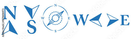 Collection of navigational symbols for cardinal directions including a compass rose