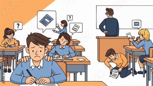 Student struggling with exam questions in classroom setting.