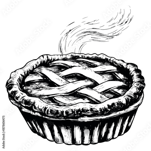 Hand drawn line art illustration of a pie depicting rising steam for a bakery concept
