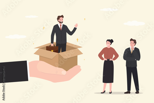 Introducing new employees with colleagues. Happy businessman in an opened box. Boss hand holding box with new employee or staff. Business process, employment.