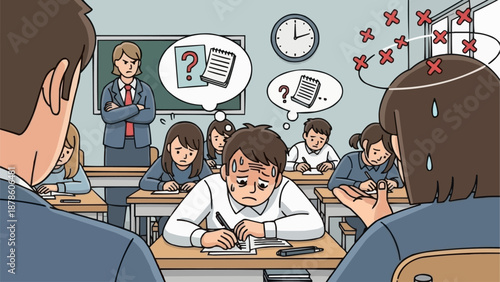 Student struggling with exam under pressure from teacher and peers.