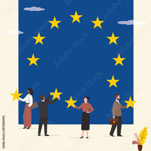 Introduction and exit from European Union. European Commission. Various politicians holding yellow stars. New candidates for members of EU. Dissatisfied countries leave EU
