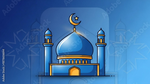 Blue mosque with crescent moon and star Islamic architecture illustration for Ramadan and Eid celebrations flat design vector