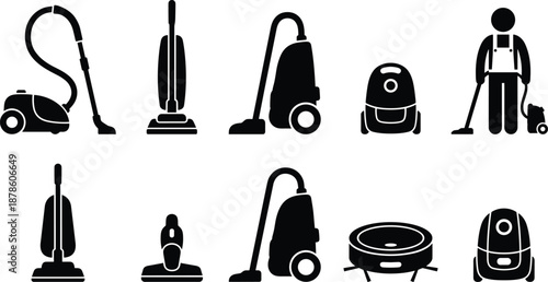 Vacuum cleaner silhouette icon set, household cleaning machines tools including canister upright robot cleaner service worker vector