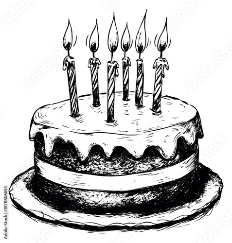 Hand drawn illustration of a birthday cake depicting burning candles for a celebration
