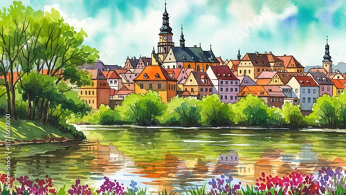 Picturesque watercolor painting of a charming European town reflected in a tranquil river amidst lush greenery