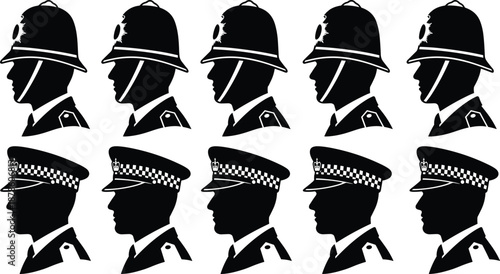 British police officer silhouette set, classic bobby helmet profiles, law enforcement security uniform vector illustration icons collection black white profile
