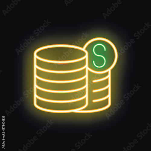Neon sign depicting stacked coins with a dollar sign, symbolizing financial success and wealth accumulation