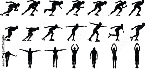 Black silhouette illustration of ice skaters in dynamic speed skating and artistic figure skating poses, highlighting winter sports, movement, balance, and competition