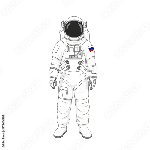Detailed illustration of a cosmonaut wearing a full white space suit featuring the Russian flag insignia on transparent background