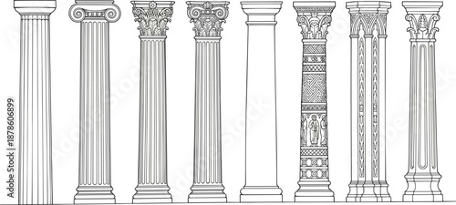 Classical architectural column illustration set, ancient Greek Roman pillars orders capitals ornamental stone design vector engraving line art collection