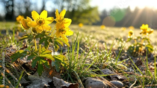 Low angle view of vibrant yellow winter aconite flowers bathed in warm sunlight with natural background