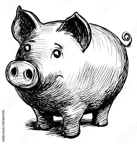Hand drawn line art illustration of a pig depicting a cute farm animal for agricultural and food concepts