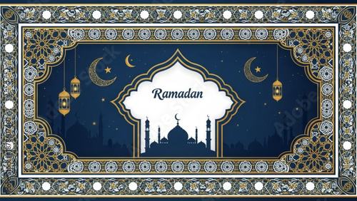 Ramadan Kareem decorative background with mosque silhouette crescent moons and lanterns Islamic cultural celebration design e