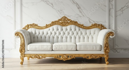 A luxurious white couch with gold accents sits against a marble wall in a room with a wooden floor