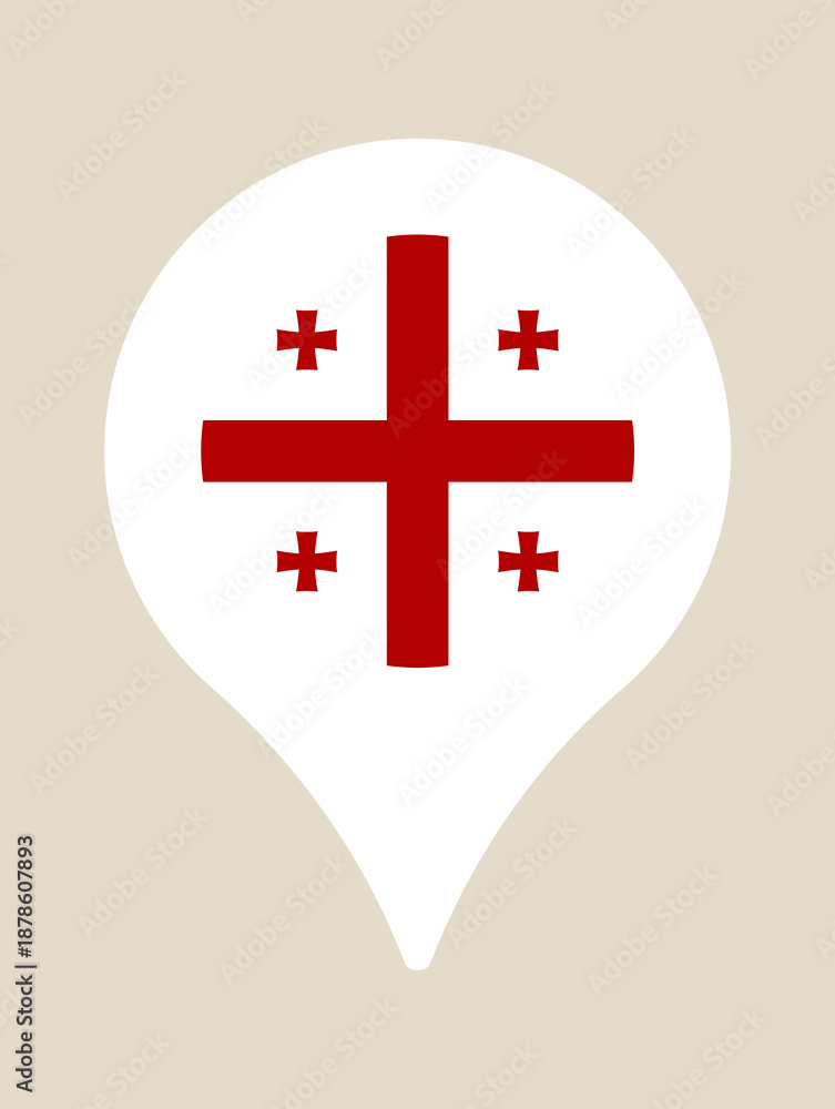 Obraz premium Georgian National Flag within a Map Pointer Symbolizing Travel, Destination, and Geography in a Simple Vector Design.