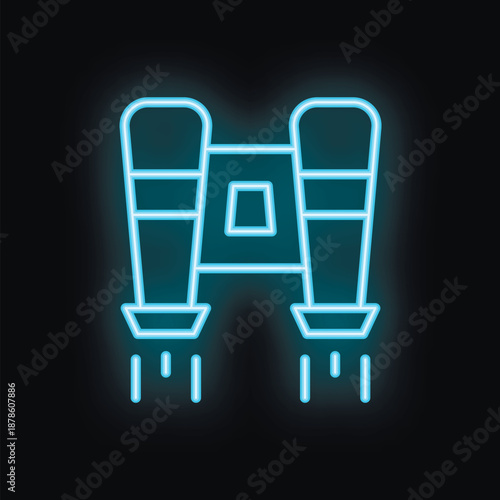 Blue neon sign of a jetpack flying upwards, isolated on a black background