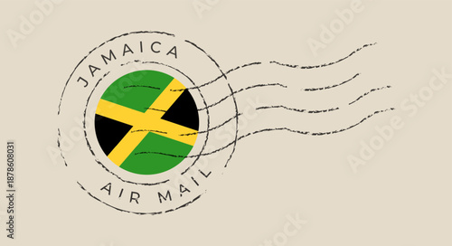 Vintage Air Mail Postmark with the flag of Jamaica, a circular travel stamp vector with a grunge texture.
