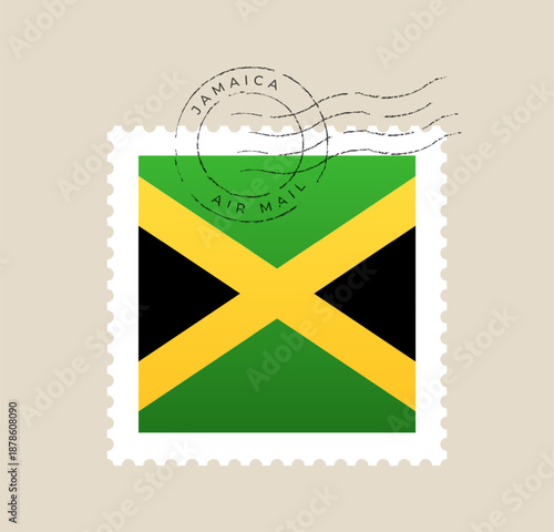 Jamaica flag postage stamp with a vintage air mail postmark for patriotic travel and correspondence vector design.